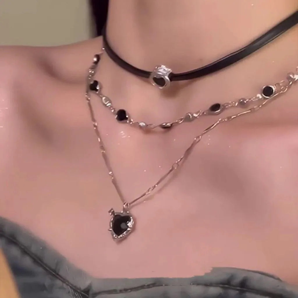 Women's leather and alloy heart-shaped multi-layer twin necklace with adjustable chain