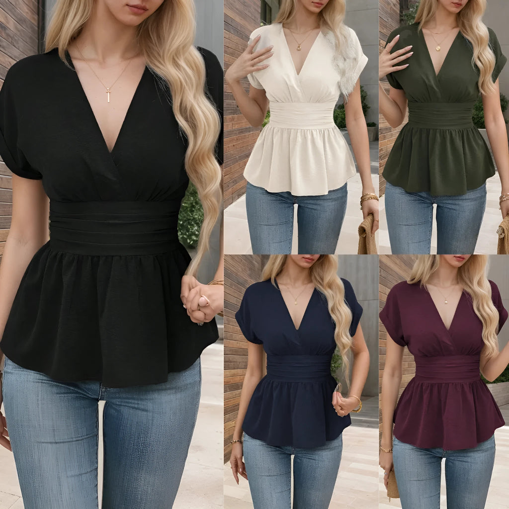Women's slim fit V-neck short sleeve polyester top in solid colour on a hanger