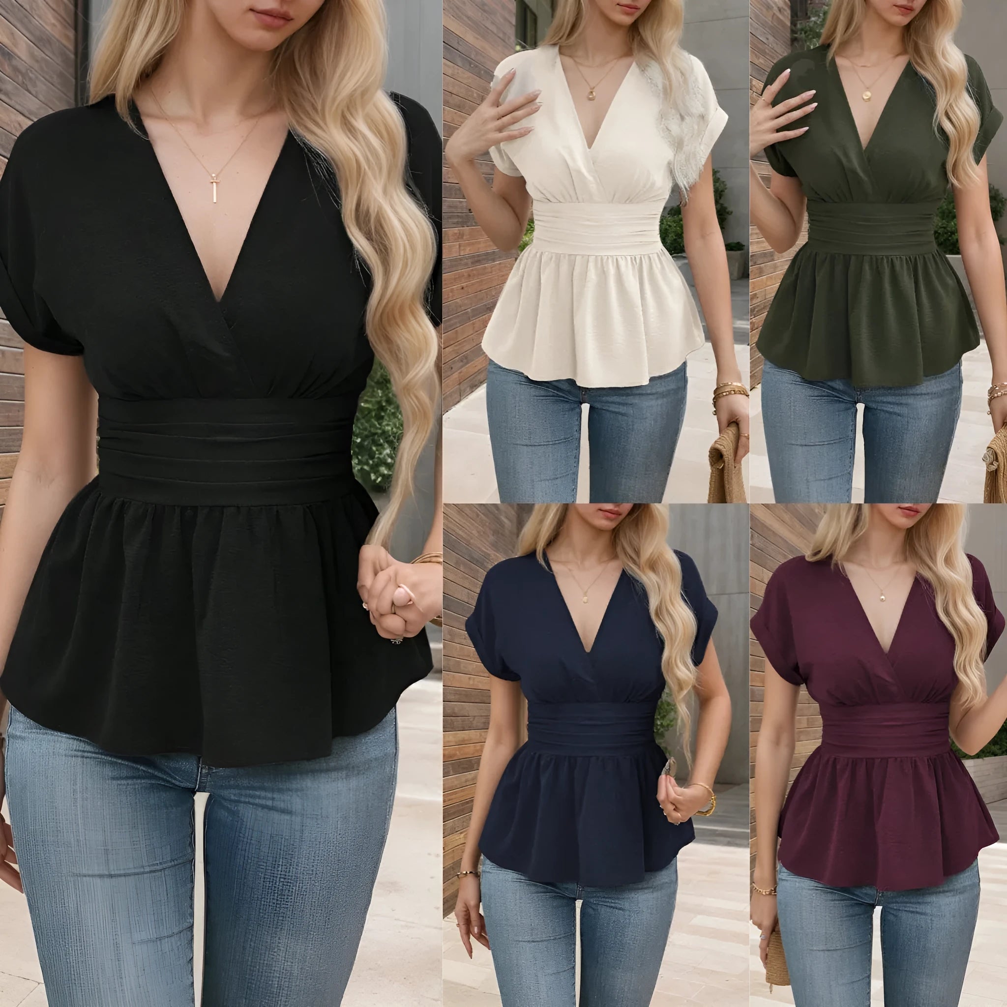 Women's slim fit V-neck short sleeve polyester top in solid colour on a hanger
