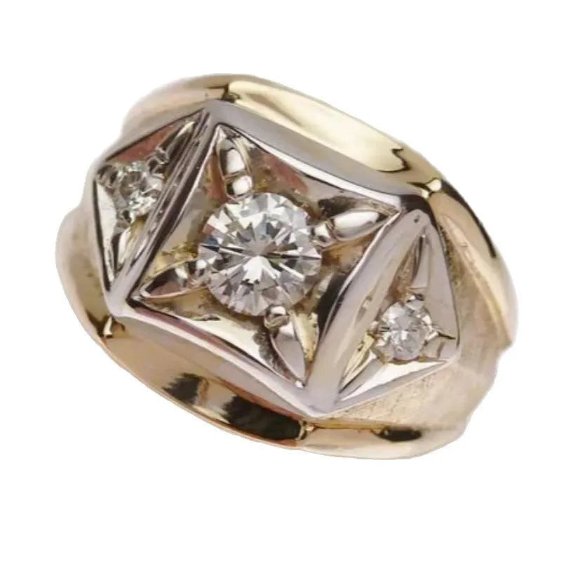 Gold geometric hollow design copper couple rings with a chamfered square pattern.