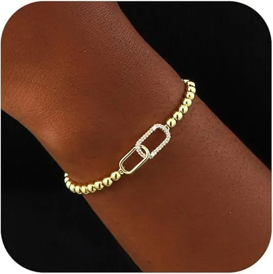 Adjustable stainless steel beaded bracelet with geometric round design in six electroplated colour options