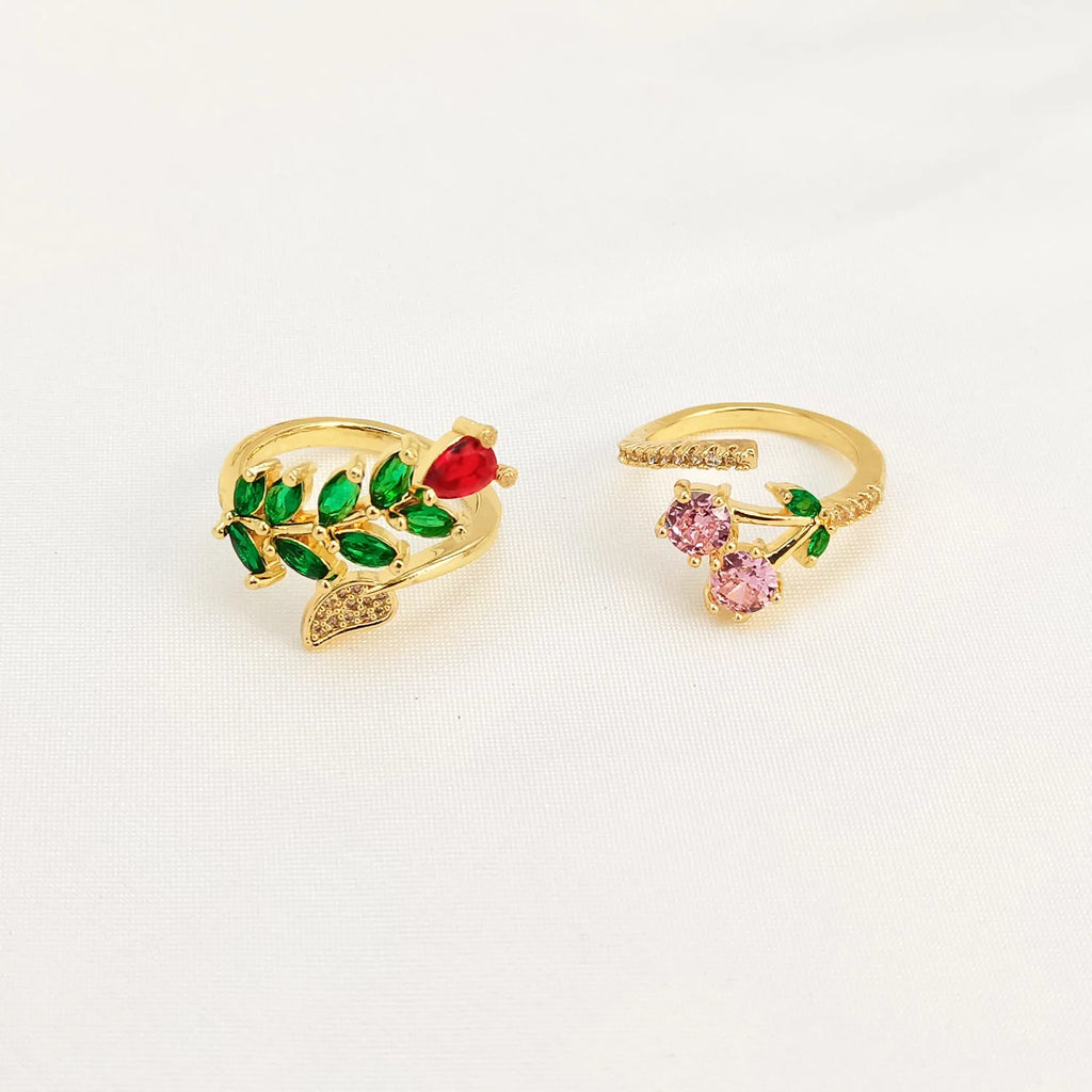 Copper open ring for women with micro inlaid leaf geometric design or solid pink finish.