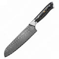 Damascus steel kitchen knife set showing eight knives with fishbone pattern blades, including chef, boning, and fruit knives.