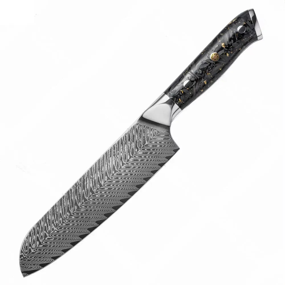 Damascus steel kitchen knife set showing eight knives with fishbone pattern blades, including chef, boning, and fruit knives.