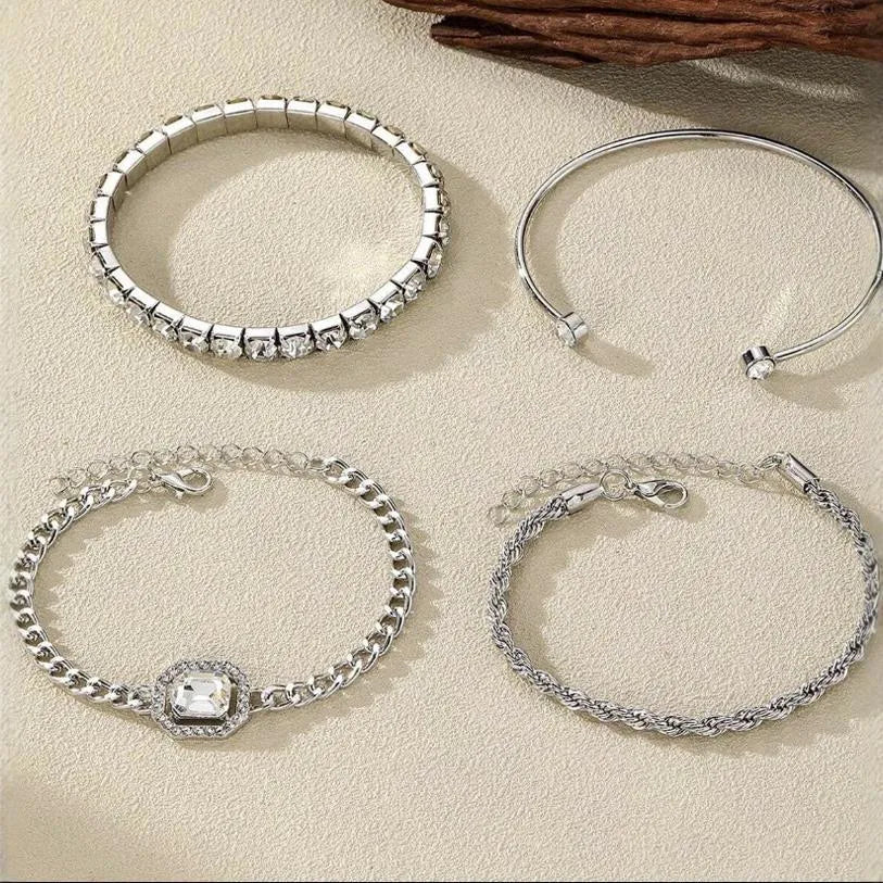 Women's retro geometric alloy bracelet set with square diamond charms and metal chain links