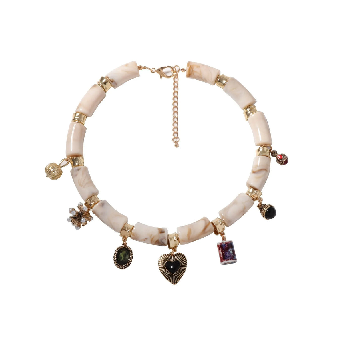Heart-shaped bamboo design resin necklace with electroplated picture colour finish on a chain.