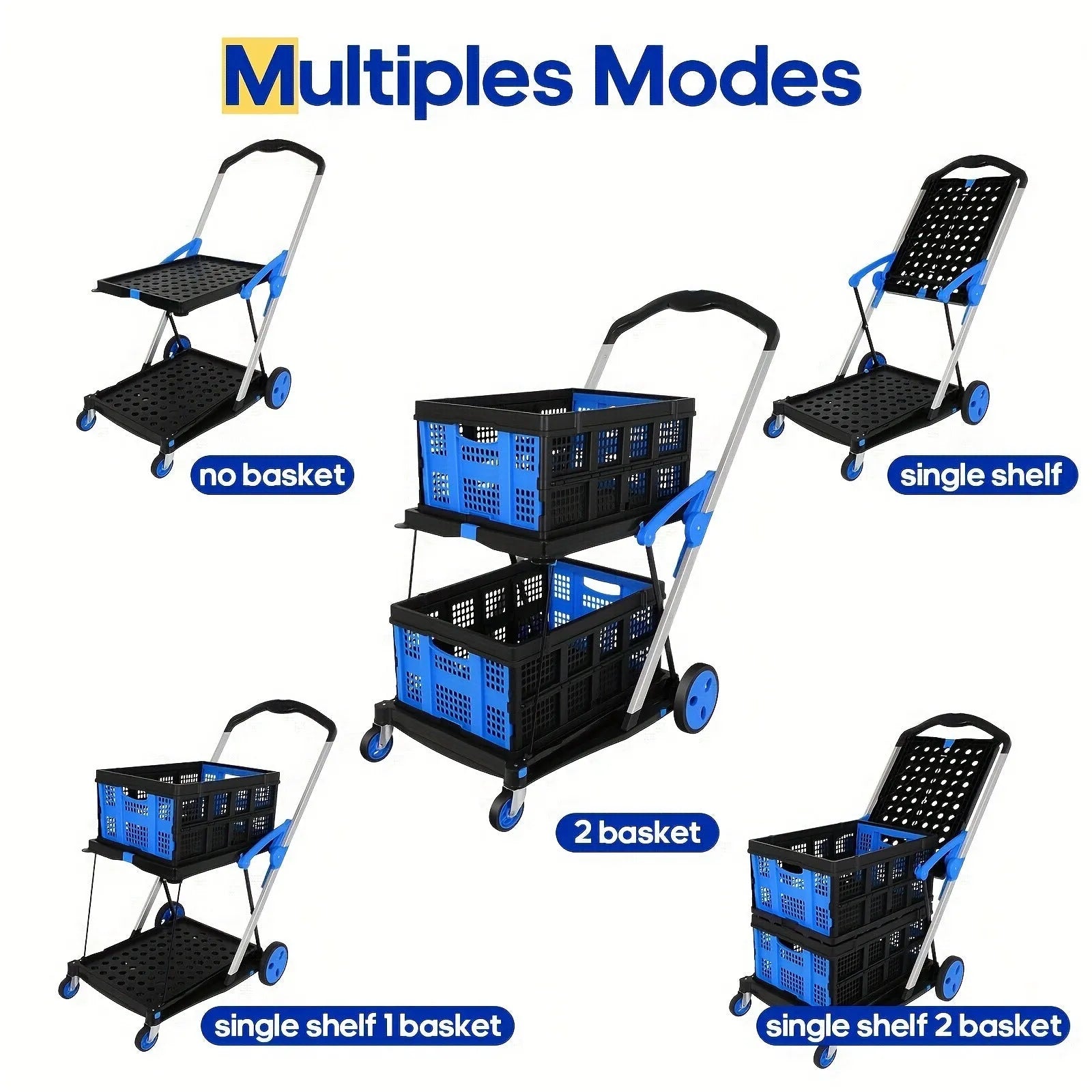 Foldable plastic shopping cart with double-layer basket in blue, purple, pink, or red colour options