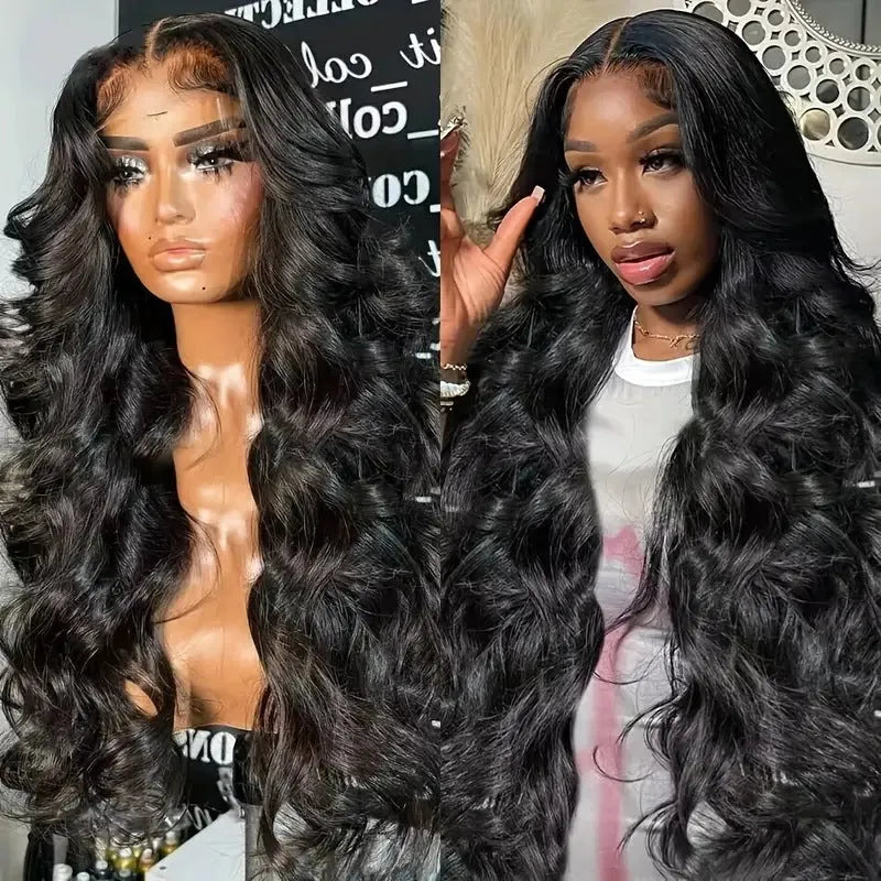 Black lace chemical fibre wig with big wave style showing size options from 16 to 32 inches