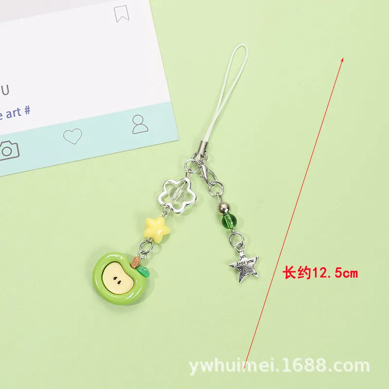 Plastic resin mobile phone keychain with fruit pattern including apple and strawberry designs