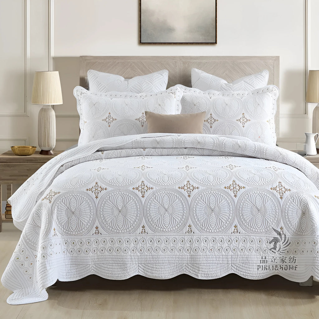 European-style embroidered cotton bed cover set with pillowcases for 1.8 metre bed