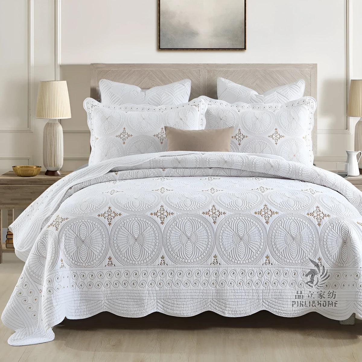 European-style embroidered cotton bed cover set with pillowcases for 1.8 metre bed