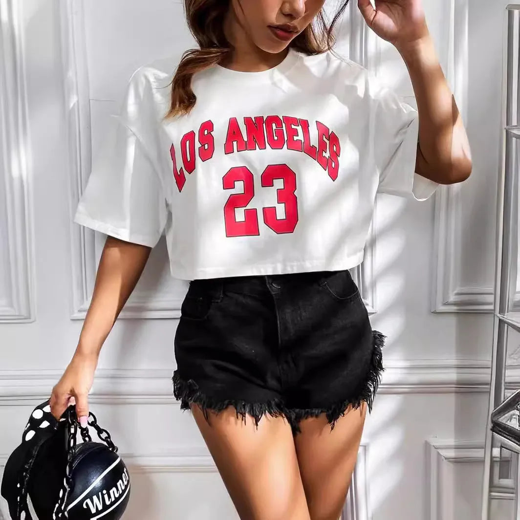 Women's black cotton loose crop top with white printed English letters slogan, short sleeves.
