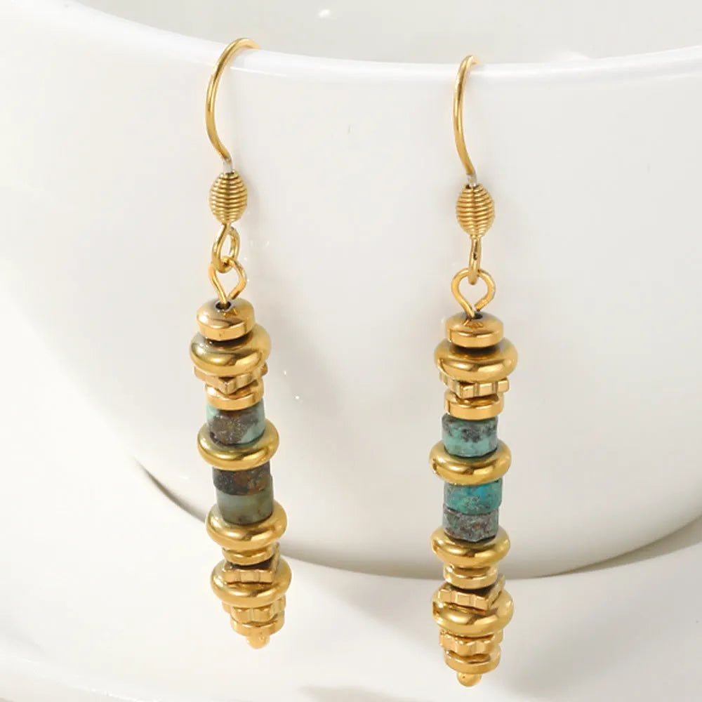 Geometric retro titanium steel dangle earrings with 18K gold-plated finish