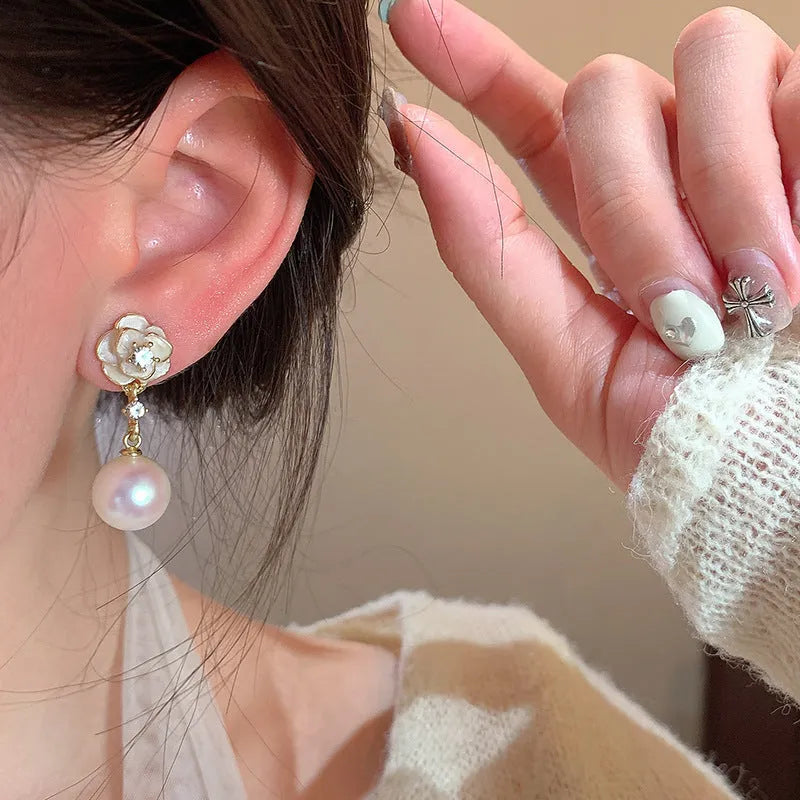 Camellia pearl flower stud earrings with alloy floral design for women