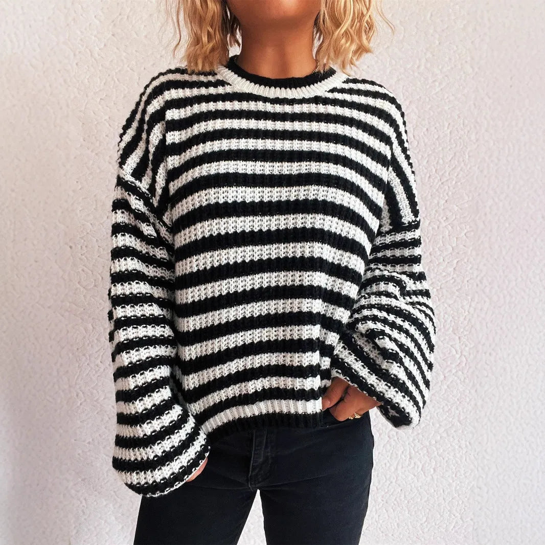 Women's vintage striped pullover sweater in polyester fabric for autumn winter wear
