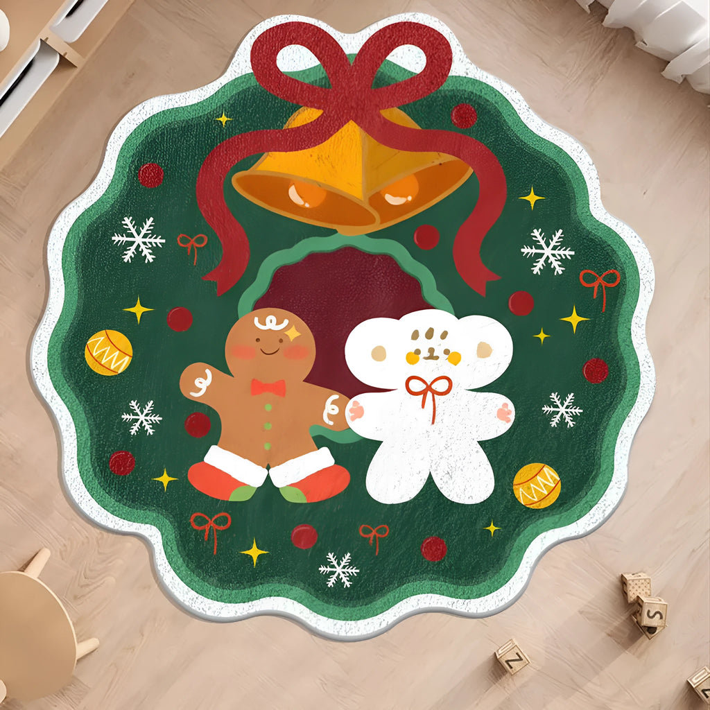Round red and green Christmas floor mat with gingerbread man design on soft imitation cashmere fabric.