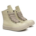 Men's and women's black high-top leather sneakers with a side zipper and round toe on a rubber sole.