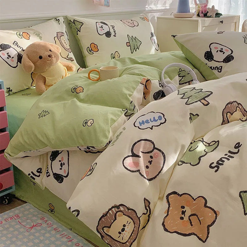 Cartoon dog pattern four-piece cotton bedding set showing multiple bed size options