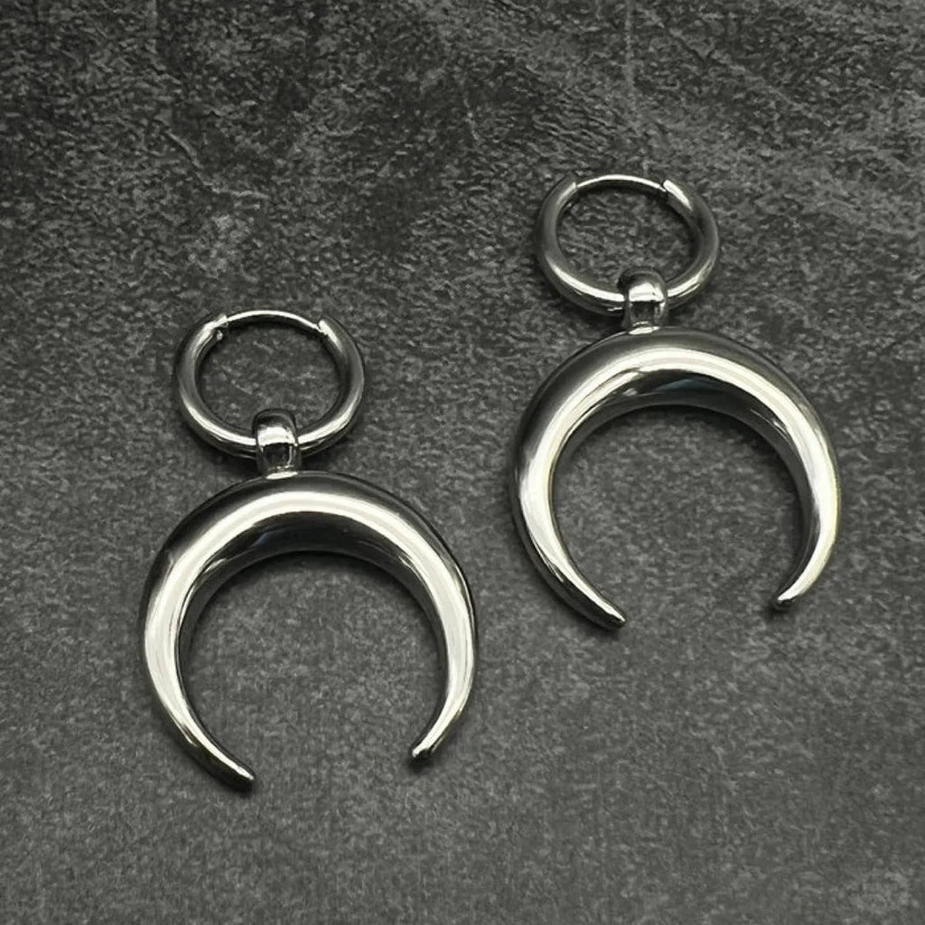 Silver gothic moon hoop earrings with geometric punk design and ear clip fastening