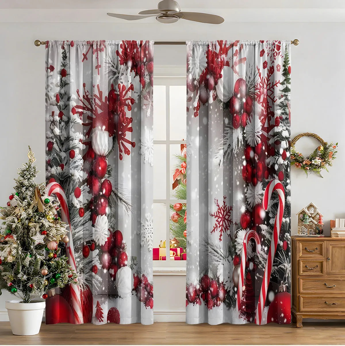 Pair of 3D digitally printed modern Christmas curtains hanging on a window.