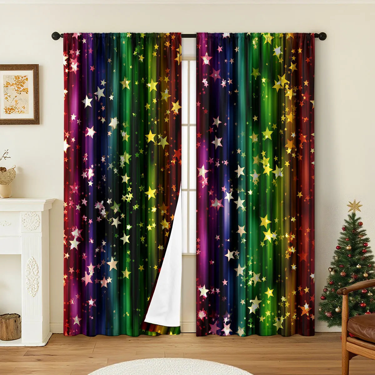 A pair of 3D digitally printed Christmas theme curtains hanging on a window, showcasing one of fifteen available European colour and pattern styles.