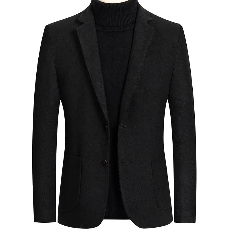 Men's slim fit wool blend jacket in grey, shown with polyester lining and suit-style cut for autumn wear