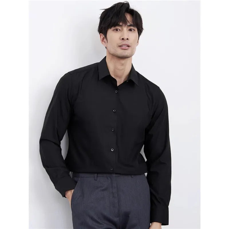 Men's wine red slim fit shirt with cardigan-style collar and long sleeves.