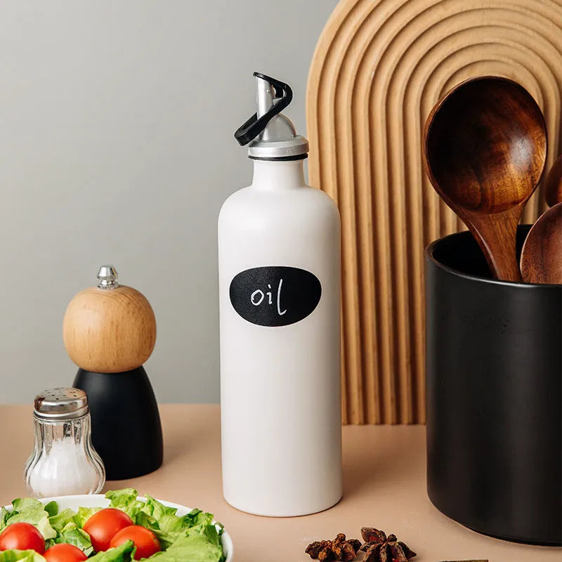 Ceramic oil pot with conical funnel and oil brush in black, coffee or white colour options
