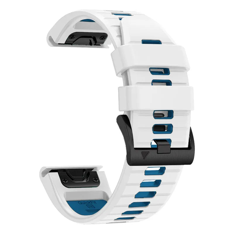 Two-tone quick release silicone watch strap for Garmin Fenix smartwatch on a grey background.