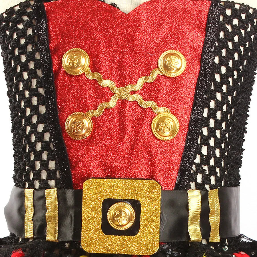 Girls pirate dress costume with sequins and mesh fabric panels, lace trim on sleeveless skirt