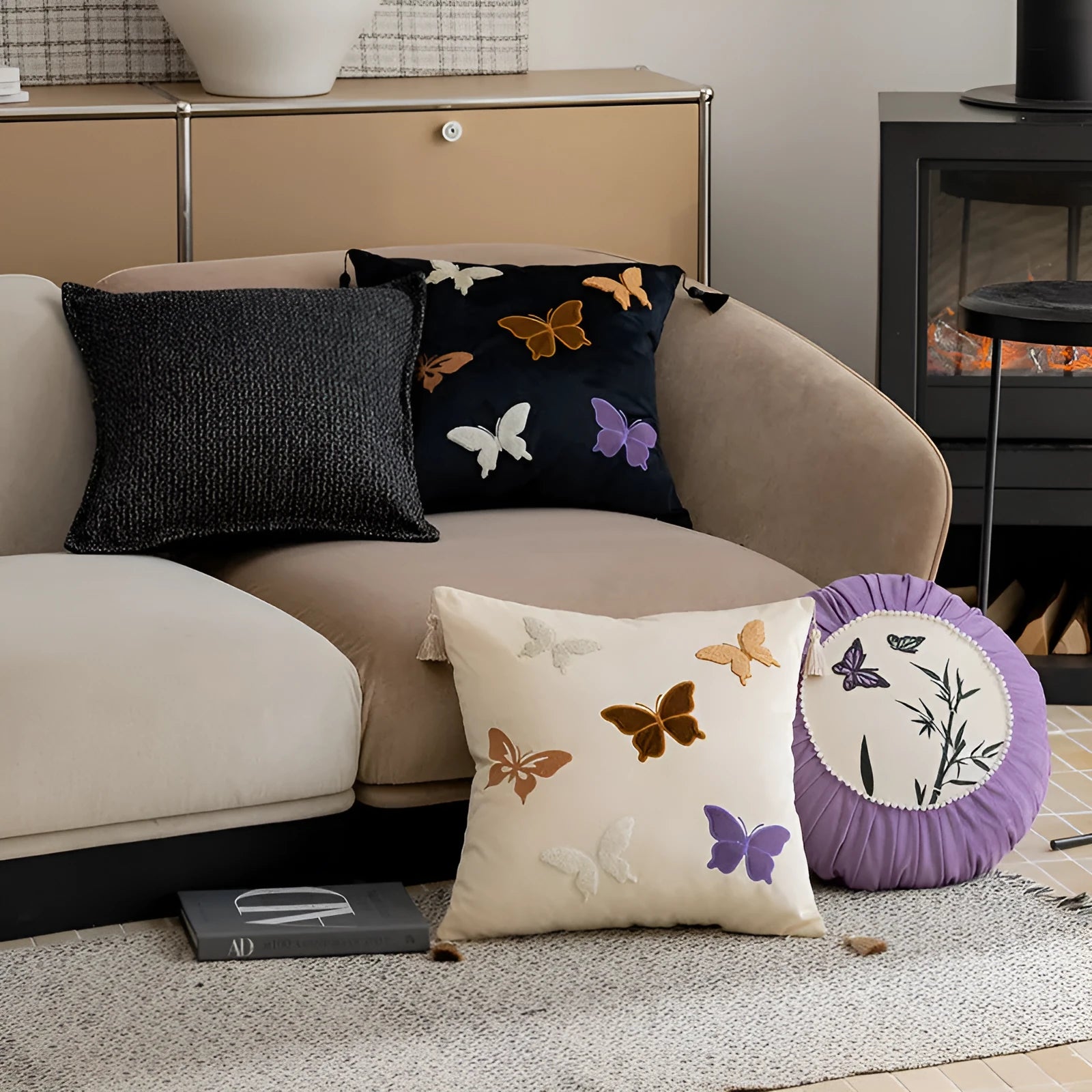 Chinese style butterfly embroidery on 45cm square couch pillow in beige, black or purple