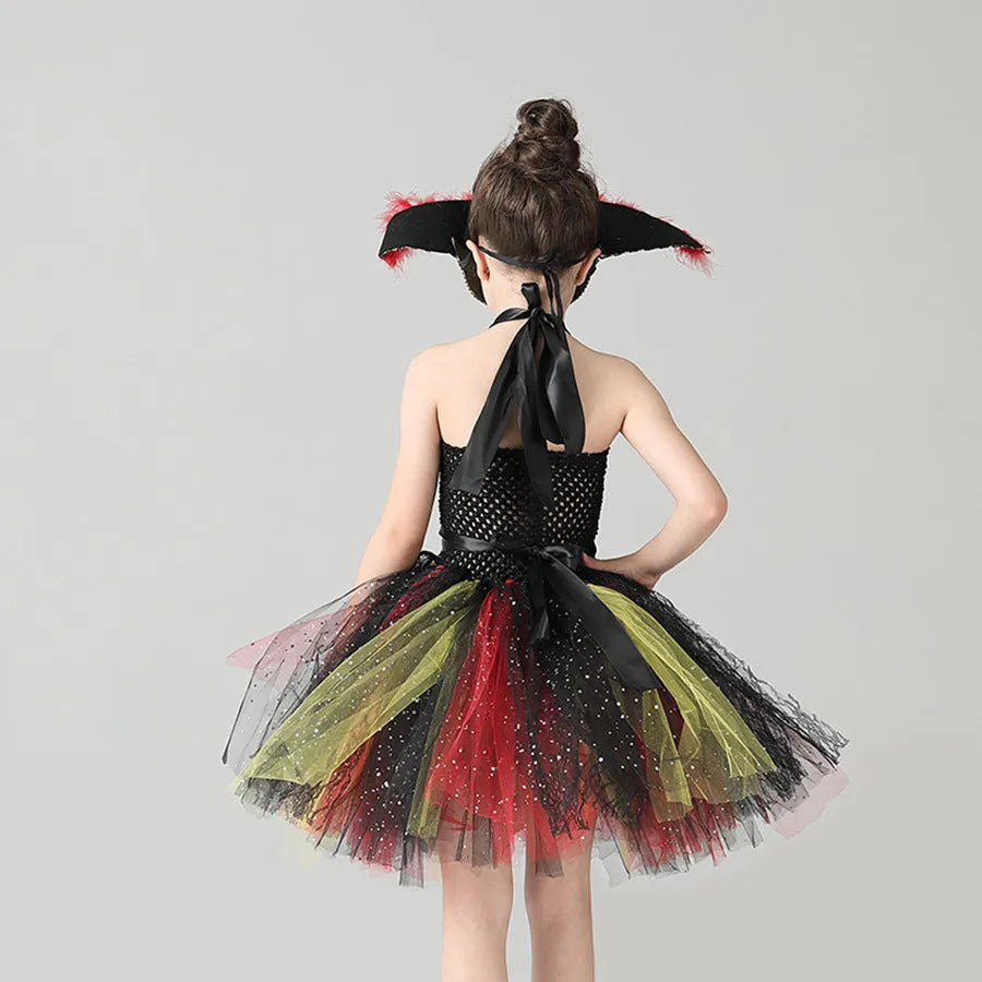 Girls pirate dress costume with sequins and mesh fabric panels, lace trim on sleeveless skirt