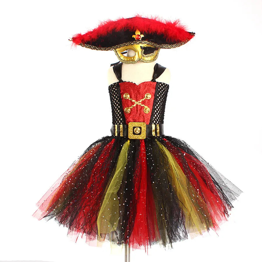 Girls pirate dress costume with sequins and mesh fabric panels, lace trim on sleeveless skirt
