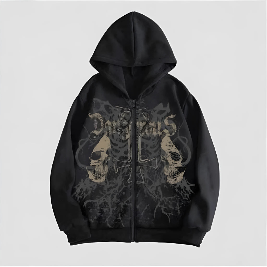 Men's black hooded sweatshirt with skull hot stamp pattern and long sleeves