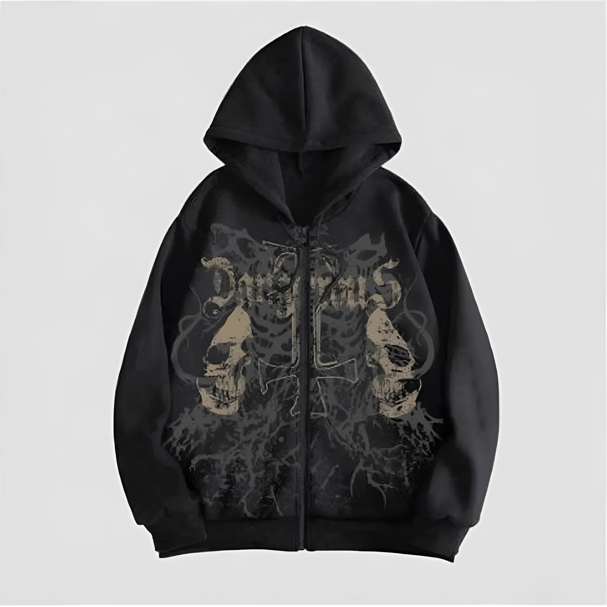 Men's black hooded sweatshirt with skull hot stamp pattern and long sleeves