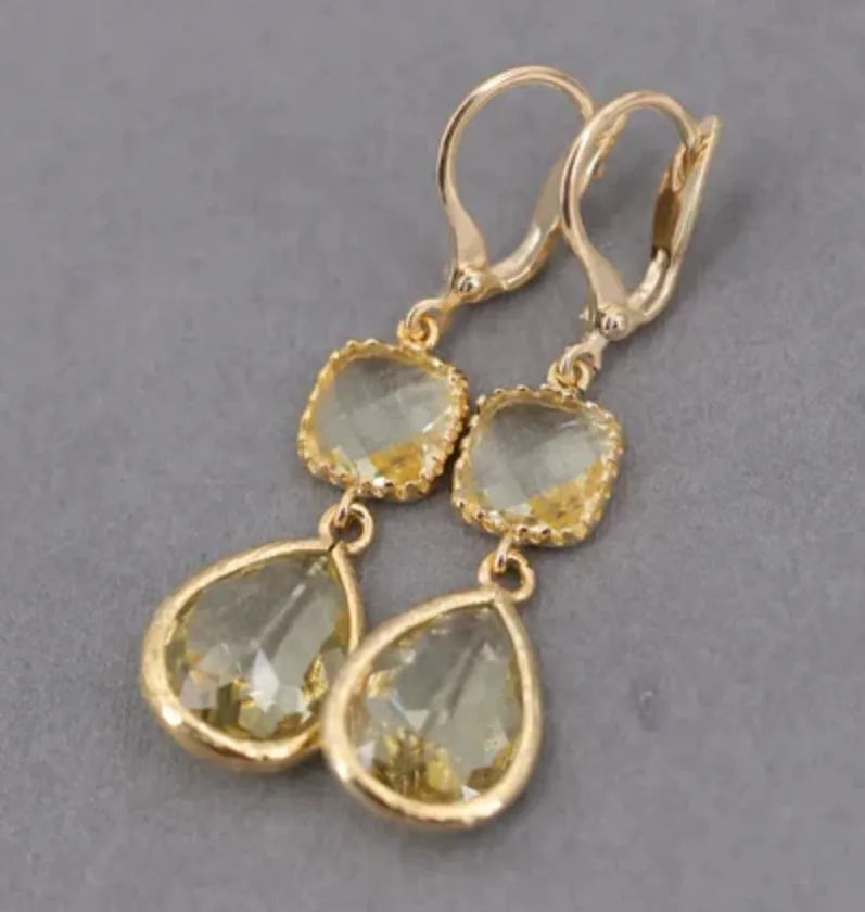 Gold retro geometric earrings with long crystal fringe and water droplet design