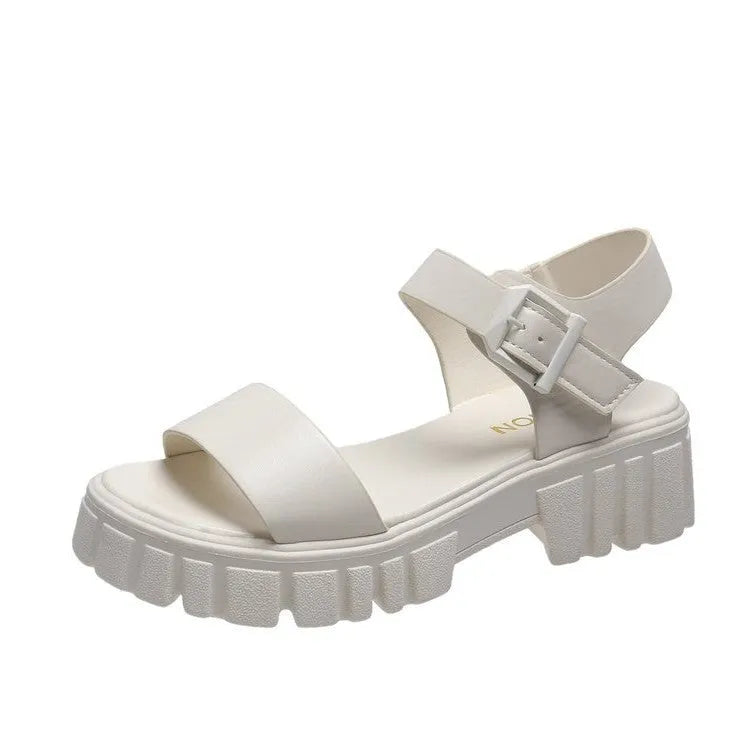 Women's beige peep toe platform sandals with ankle-strap buckle and fish mouth toe design
