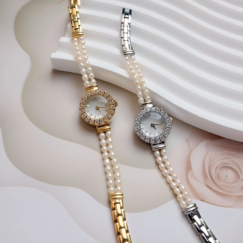 Women's light gold freshwater pearl bracelet watch with round 18mm dial