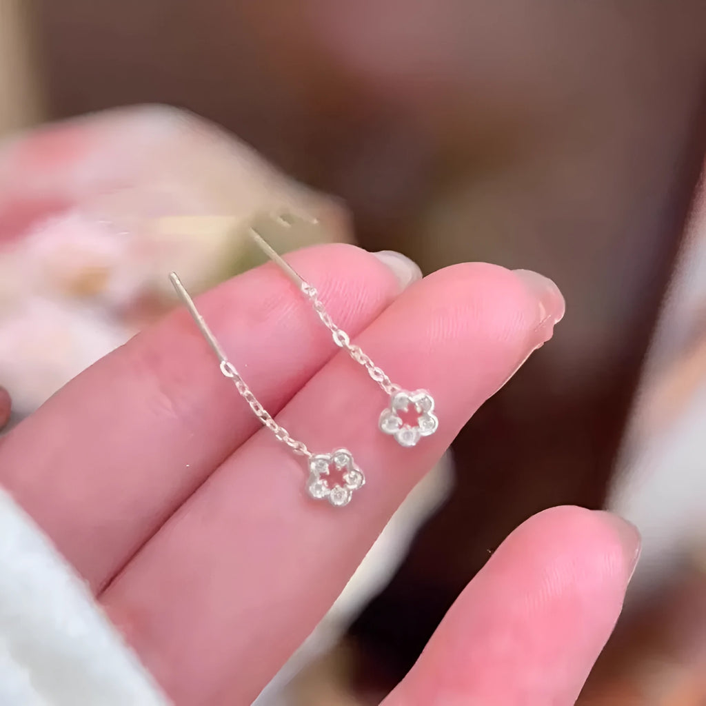 Sterling silver hollow flower dangling earrings with natural petal elements