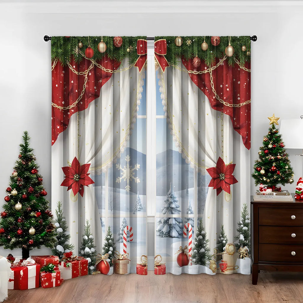 A pair of 3D digitally printed Christmas theme curtains hanging on a window, showcasing one of fifteen available European colour and pattern styles.