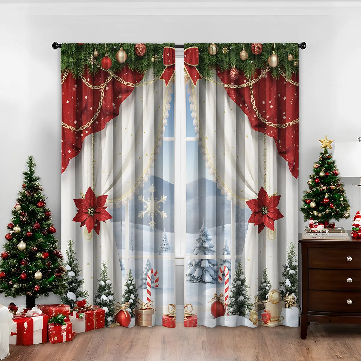 A pair of 3D digitally printed Christmas theme curtains hanging on a window, showcasing one of fifteen available European colour and pattern styles.
