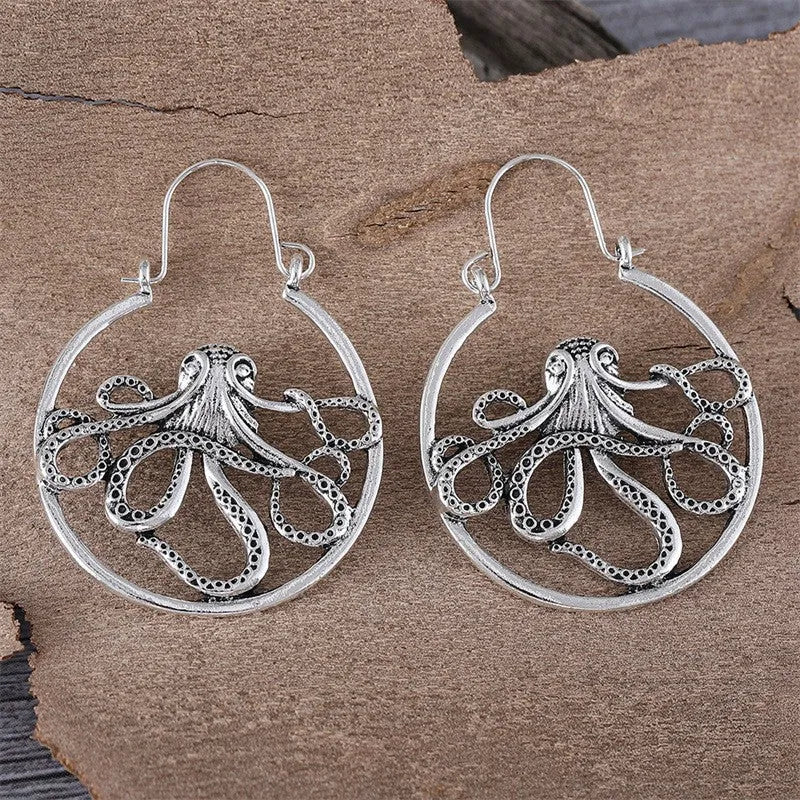 Vintage octopus earrings in antique silver finish, zinc alloy costume jewellery with animal zodiac design