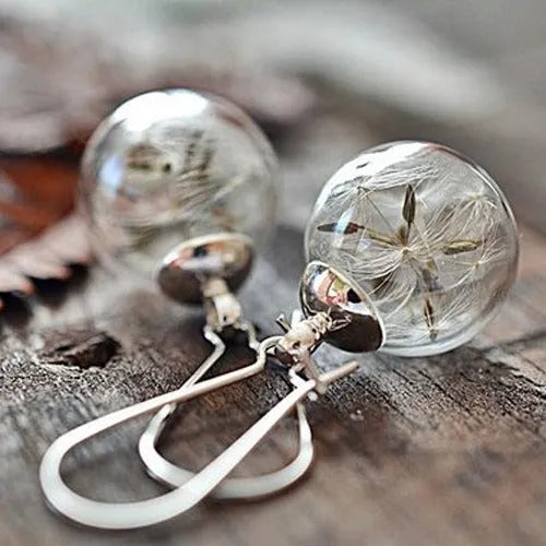 16mm transparent glass earrings with dandelion seed pattern on silver French hook