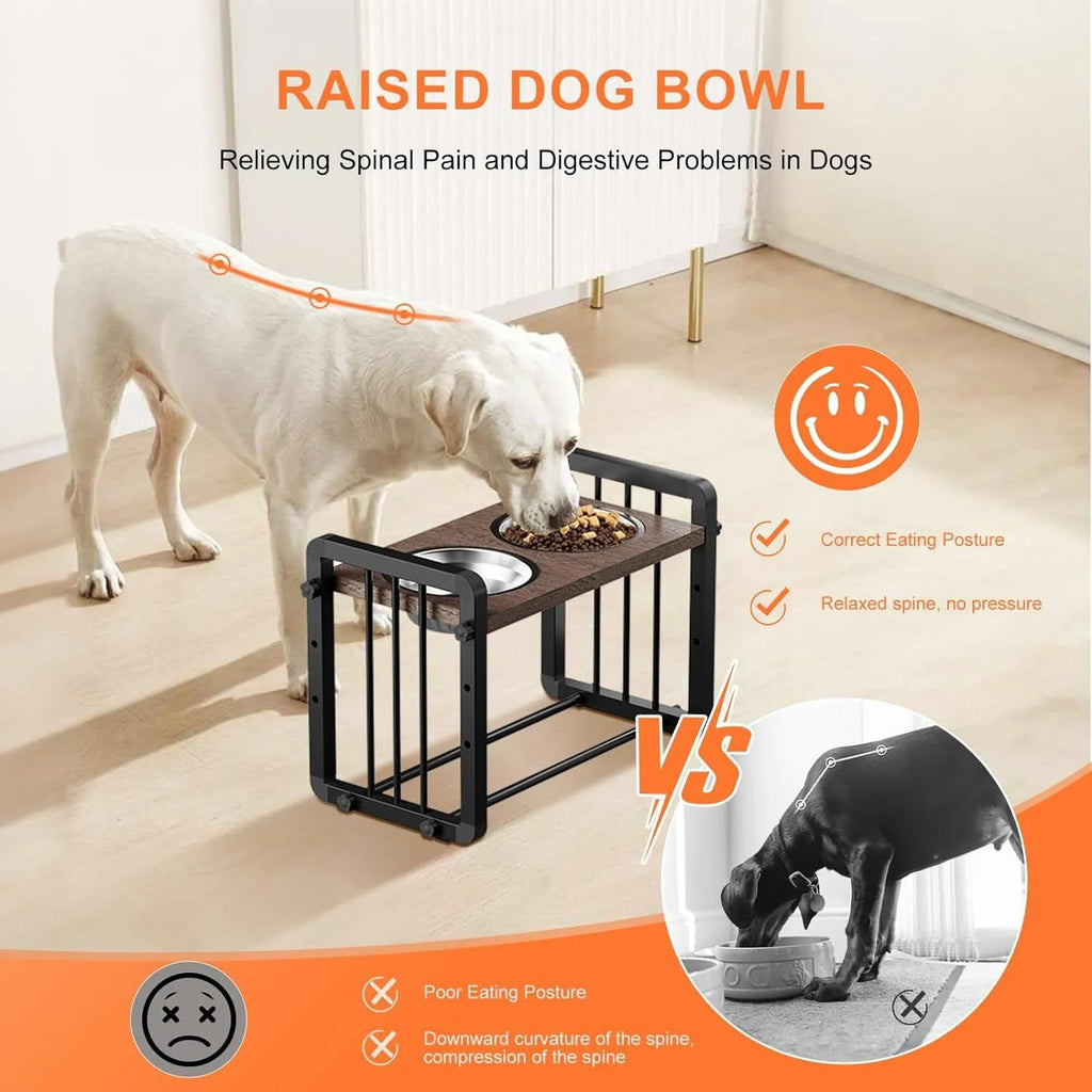 Black wooden dog bowl stand bracket measuring 37 by 23 centimetres on a floor.