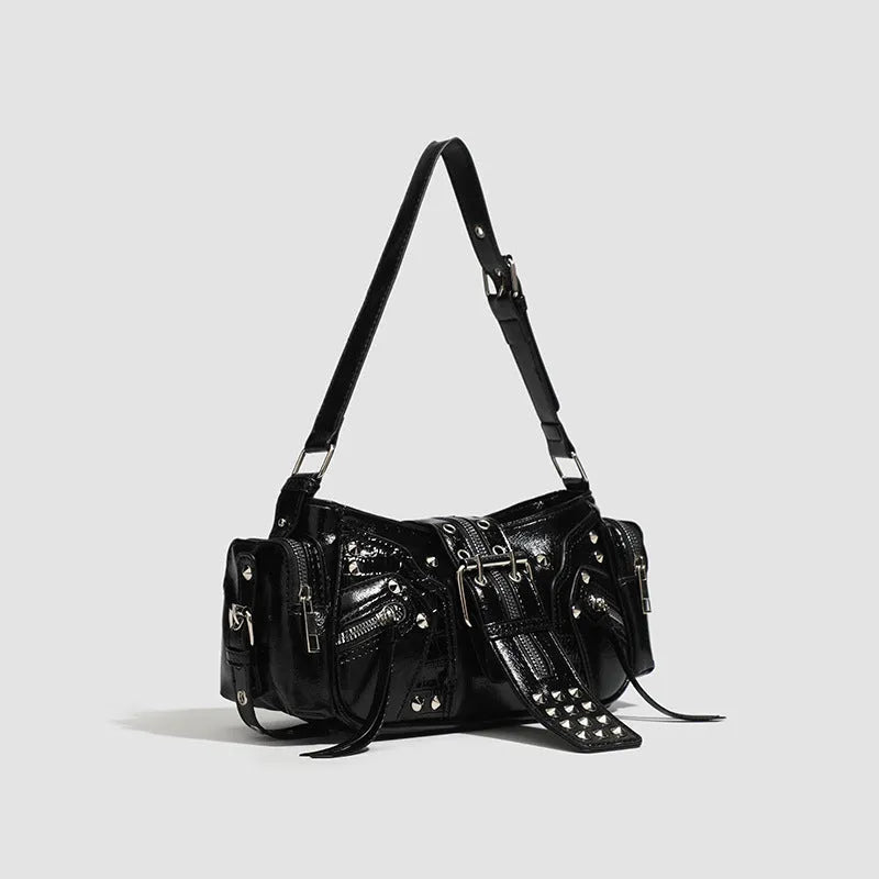 Black oil wax leather retro dumpling shape handbag with shoulder strap and organisational compartments