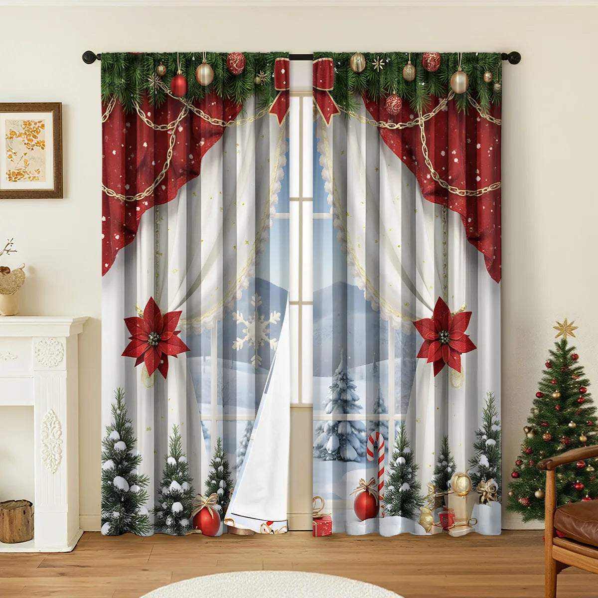 A pair of 3D digitally printed Christmas theme curtains hanging on a window, showcasing one of fifteen available European colour and pattern styles.