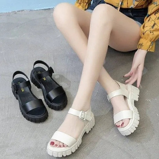Women's beige peep toe platform sandals with ankle-strap buckle and fish mouth toe design