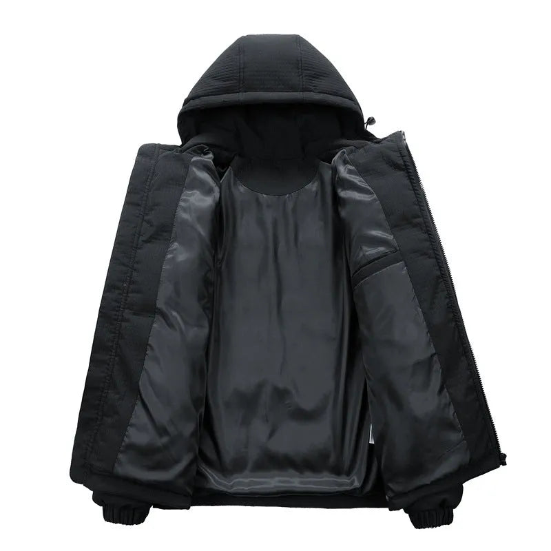 Men's black padded hooded coat with side pockets and Korean cardigan style