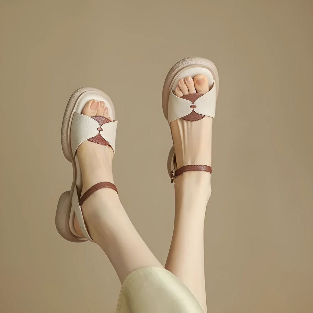 Women's khaki platform sandals with chunky heels and open toe design showing renewable leather uppers