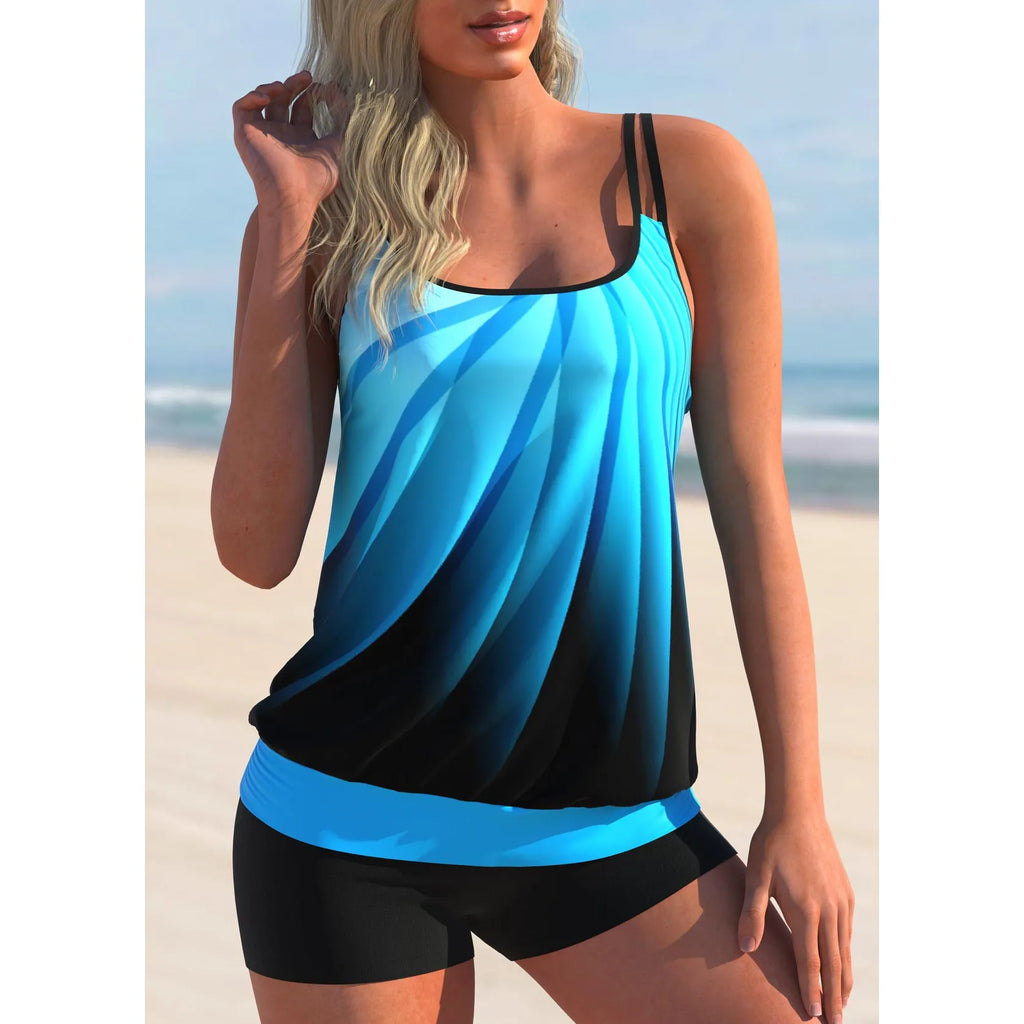 Plus size women's swimsuit set with strap top and shorts in butterfly print pattern